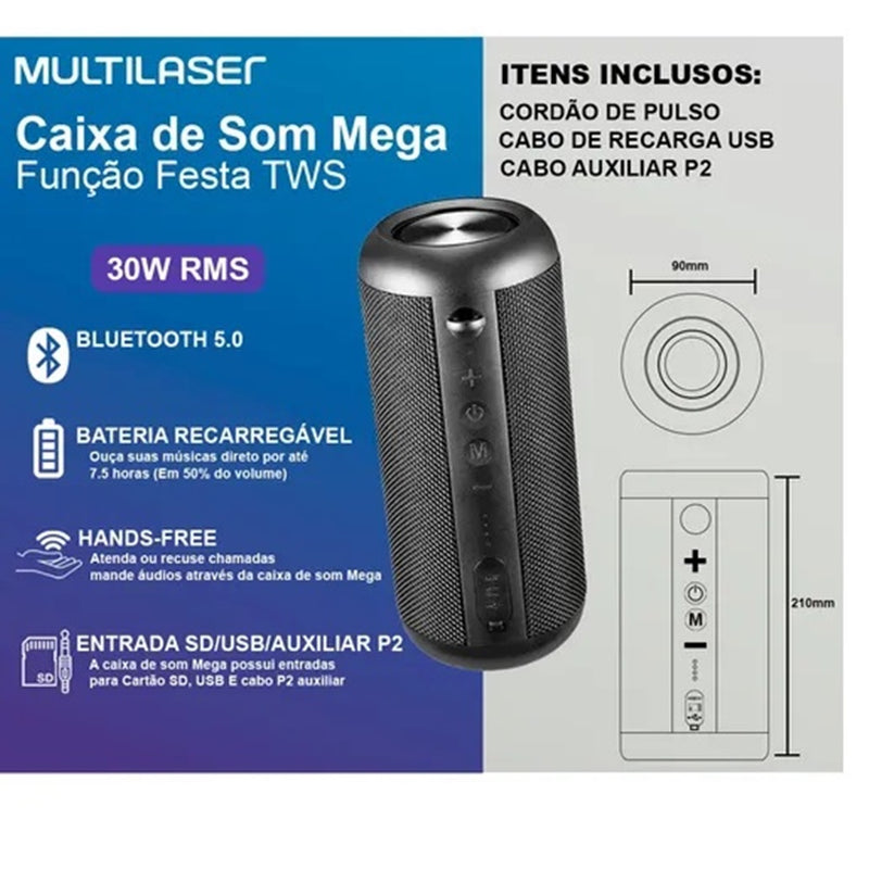 Caixa de Som Speaker Mega Multi Preta 30W BT/AUX/SD – SP348