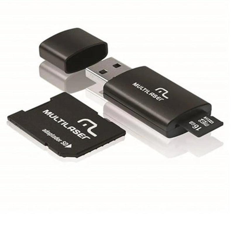 Cartão De Memória Classe 10 16GB + Adaptador 3 em 1 SD + Pendrive Preto Multilaser – MC112