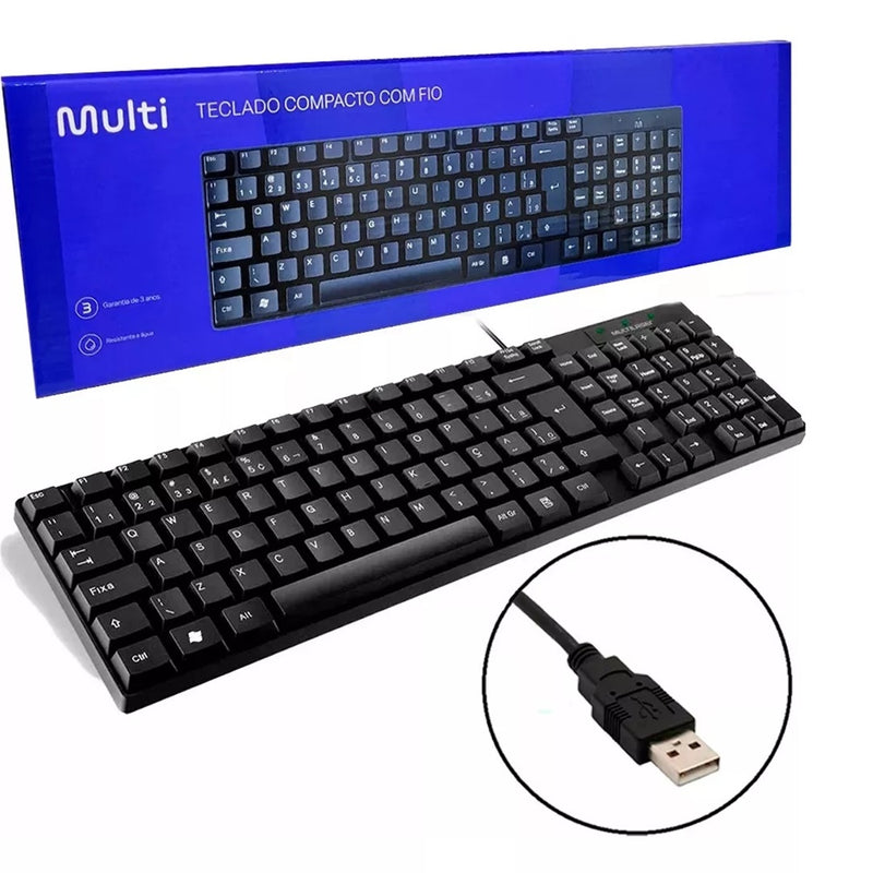 Teclado Com Fio Compacto Conexão USB Cabo de 120cm Resistente Água Preto - TC193