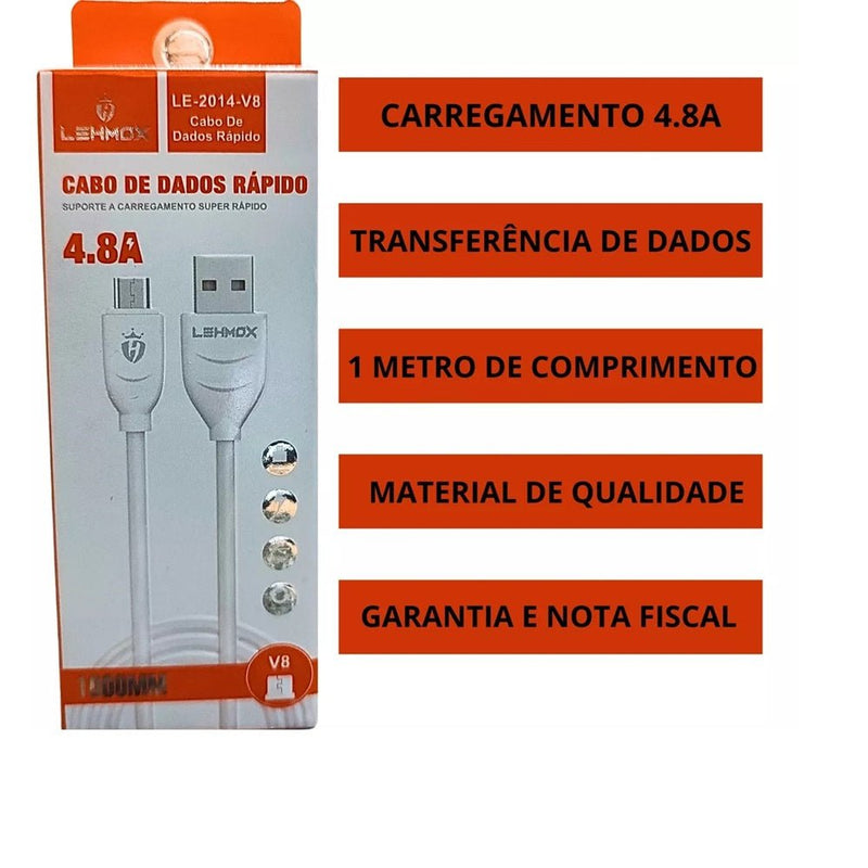 Cabo V8 Micro USB CARGA E Transferencia de Dados 4.8 LEHMOX - TerabytesInformatica - 