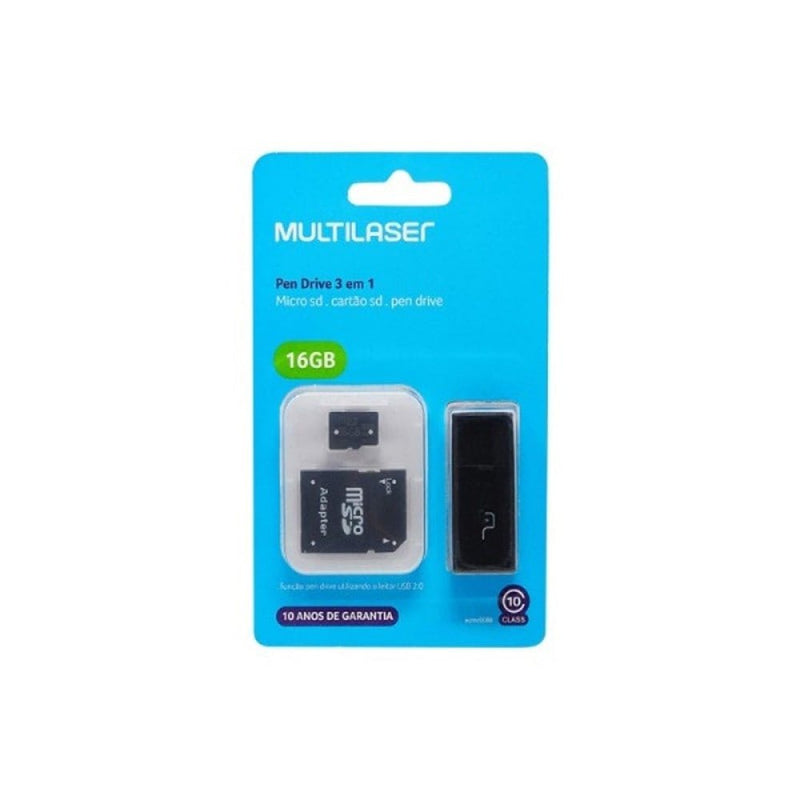 Cartão De Memória Classe 10 16GB + Adaptador 3 em 1 SD + Pendrive Preto Multilaser – MC112 - TerabytesInformatica - 